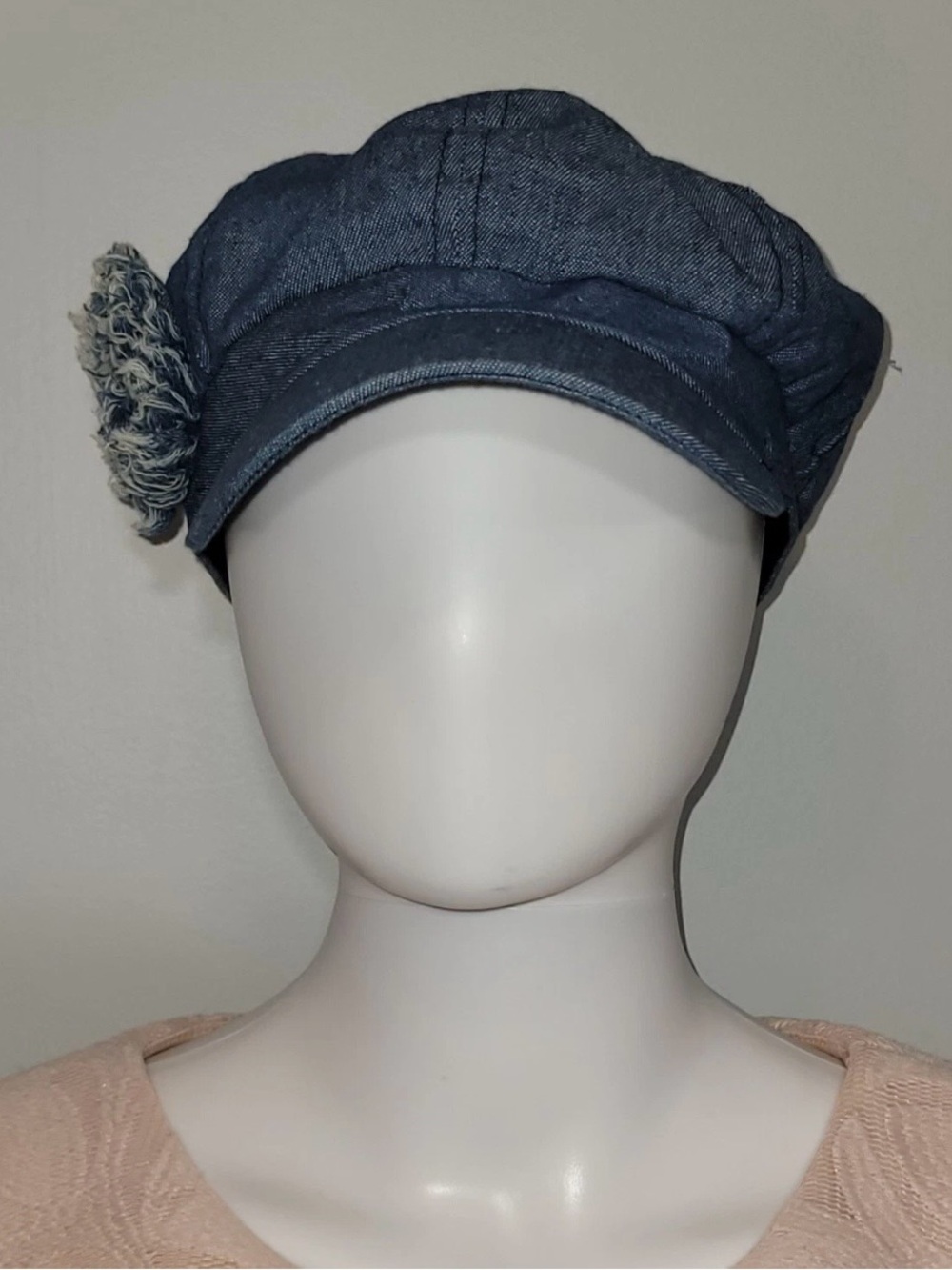 Women's Denim Newsboy Cap Distressed Flower Blue Cotton Elastic Back Hat Y2K - Picture 2 of 11